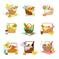 Wicker Picnic Baskets and Hampers Full with Foodstuff Vector Set Royalty Free Stock Photo