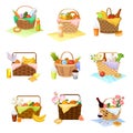 Wicker Picnic Baskets and Hampers Full with Foodstuff Vector Set Royalty Free Stock Photo