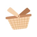 Wicker Picnic Empty Basket, Camping Cartoon Icon Symbol. Vector Flat Illustration Isolated on white. Container for Carrying Food, Royalty Free Stock Photo