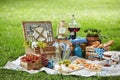 Wicker picnic hamper with assorted fresh food Royalty Free Stock Photo