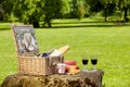 Wicker picnic hamper with wine and bread Royalty Free Stock Photo