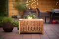 wicker propane fire pit casting shadow on wooden planks Royalty Free Stock Photo