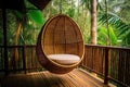 Wicker rattan hanging chair on wooden bamboo terrace in the jungle. Generative AI Royalty Free Stock Photo