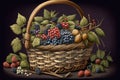 Wicker rustic basket with fresh garden berries. Generative AI Royalty Free Stock Photo