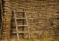 Wicker rustic wooden fence made of aspen and willow sticks. Wooden ladder is leaning against the wall. Organic woven Royalty Free Stock Photo