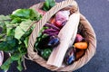 Wicker shopping basket of fresh vegetables and produce at a farm Royalty Free Stock Photo