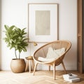 Wicker straw armchair in a bright room. Painted details of the living room interior