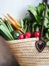 Wicker straw bag full of fresh natural spring vegetables. Healthy vegetarian vegan food from the local market from farms Royalty Free Stock Photo