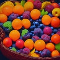 Wicker straw basket with an assortment of fruits and lemon, orange, grape, strawberry, berries Physalis, tangerine on a