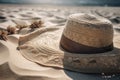 Wicker straw hat on beach sand. Summer sea vacation concept Royalty Free Stock Photo