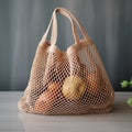 wicker string bag for fruits and vegetables. Ecological bag, eco food packaging made from recyclable materials. Royalty Free Stock Photo