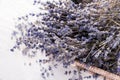 Wicker tray with beautiful lavender flowers on white background, closeup Royalty Free Stock Photo