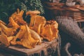 Wicker tray with chanterelle mushrooms on wooden table. Knife, basket with mushrooms and fresh herbs Royalty Free Stock Photo