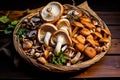 Wicker tray with variety of raw mushrooms on wooden table. Generative AI