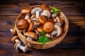 Wicker tray with variety of raw mushrooms on wooden table. Generative AI