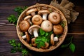 Wicker tray with variety of raw mushrooms on wooden table. Generative AI