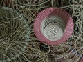 Wickerwork hat and mat texture made from dry sedge background.Closeup surface texture of hand made craft work. Royalty Free Stock Photo