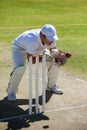 Wicketkeeper catching ball behind stumps on field Royalty Free Stock Photo