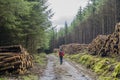 Wicklow way with logs stacked on the sides of the road and excursionist girl in the middle