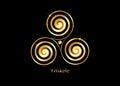 Triskelion or triskele symbol. Gold Triple spiral Celtic sacred sign. Wiccan fertility symbols logo design. Luxury Art print sign