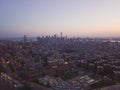 Wide Aerial Drone View of Manhattan Skyline in New York City at Dusk Royalty Free Stock Photo