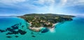 Wide aerial panorama of Xigia Beach on Zakynthos island, Ionian Sea, Greece Royalty Free Stock Photo