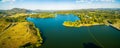 Wide aerial panoramic landscape of scenic Lake Burley Griffin in Canberra, ACT, Australia. Royalty Free Stock Photo