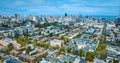 Wide Aerial of San Francisco city skyscraper skyline under pretty blue sky