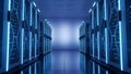 Server Room Data Center with Blue Lights, AI Technology Network Storage, High Tech Computing Infrastructure Royalty Free Stock Photo