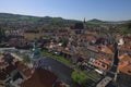 Wide-angle aerial landscape view of old town of Cesky Krumlov (Krumau). Famous czech historical beautiful town.