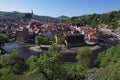 Wide-angle aerial landscape view of old town of Cesky Krumlov (Krumau). Famous czech historical beautiful town