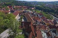 Wide-angle aerial landscape view of old town of Cesky Krumlov (Krumau). Famous czech historical beautiful town