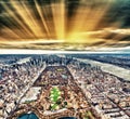 Wide angle aerial view of Midtown Manhattan and Central Park from helicopter at sunset, New York City Royalty Free Stock Photo