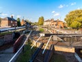 Wide angle day view of boat canal in stoke bruerne england uk