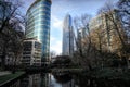 Wide -angle evening shot on a modern futuristic city scape in the Brussels North business center