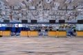 Wide angle front view of check-in counters at Changi Airport Terminal 3; closed, not open