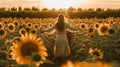 Wide angle image of girl in a beautiful dress in a sunflower field in golden light at sunset. View from behind, no face Royalty Free Stock Photo