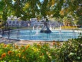 A wide-angle image of the Peacock fountain in the Christchurch Botanical Gardens, New Zealand.