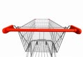 Wide angle image of shopping cart rear view on white isolated ba