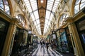 Wide angle interior perspective of decorative Victorian shopping mall atrium of historic Royal Arcade in Melbourne CBD, Australia