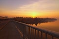Wide angle landscape panorama of Dnipro River. Magnificent autumn sunrise in Kyiv. Foggy morning landscape