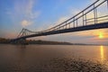 Wide angle landscape panorama of Dnipro River and Pedestrian Bridge to the Trukhanov Island