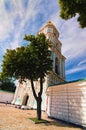 Wide-angle landscape view of belfry of Saint Sophia Cathedral. UNESCO World Heritage Site.