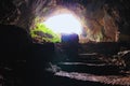 Wide-angle landscape view of mysterious cave and Meryem Ana Church. Cennet and Cehennem English: Heaven and Hell Royalty Free Stock Photo