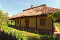 Wide angle landscape view of typical clay house called Shunok tavern or bar. Pereyaslav-Khmelnitsky Museum of Folk Architecture