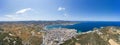 Wide angle large aerial photo of the beautiful town of Sant Antoni de Portmany in Ibiza Spain showing the whole of the town and