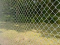 Wide angle looking through chain link fence bright in sunlight with forest beyond