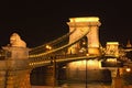 Wide angle night landscape view of illuminated Chain Bridge. Beautiful sculpture of Lion and ancient lantern