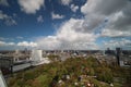 Wide angle overview at 100 metres height over the Rotterdam Skyline with blue sky and white rain clouds Royalty Free Stock Photo