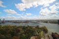 Wide angle overview at 100 metres height over the Rotterdam Skyline with blue sky and white rain clouds Royalty Free Stock Photo